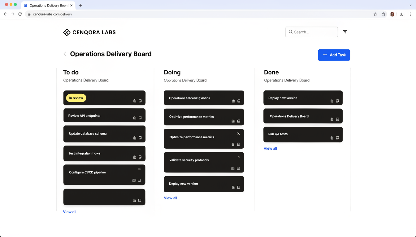 Concept delivery board for Cenqora connected operations — not client work