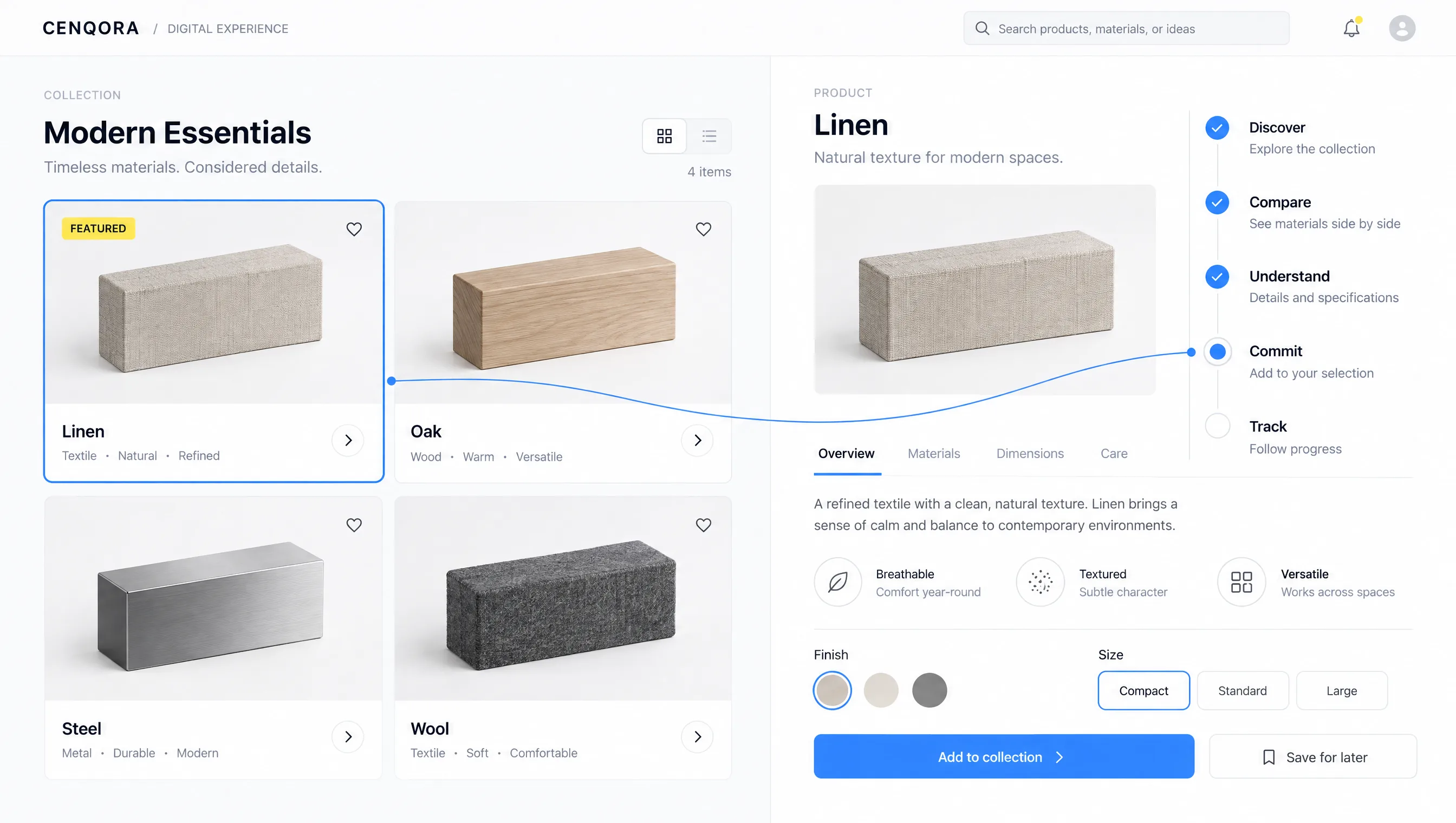 Concept interface for Cenqora premium commerce