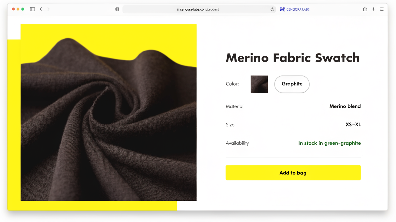 Concept product detail for Cenqora premium commerce — not client work
