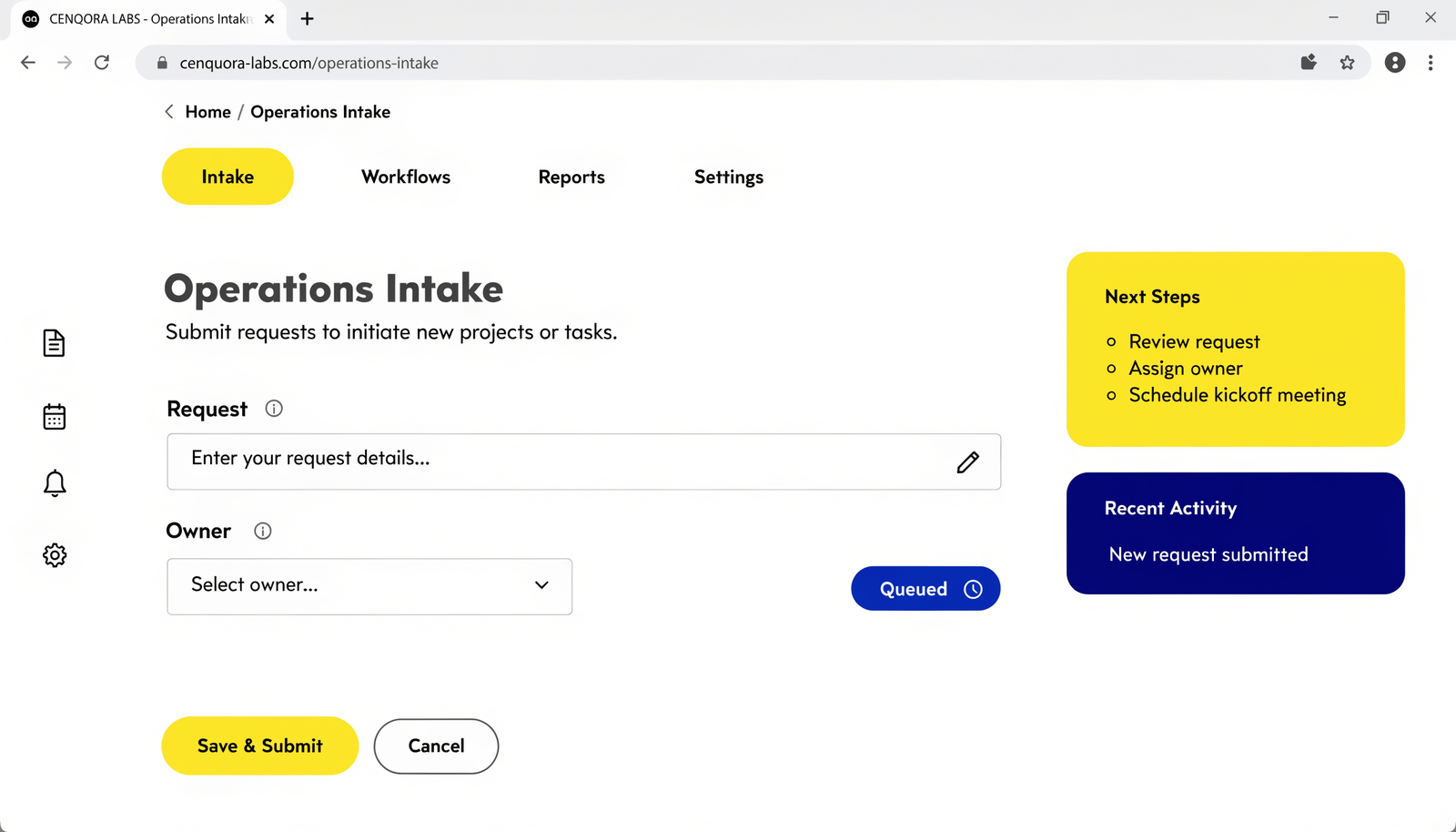 Concept intake workspace for Cenqora connected operations — not client work