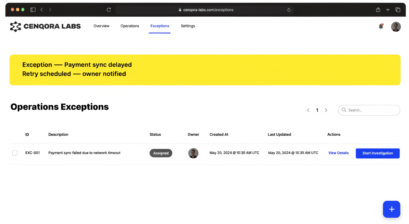 Concept exception view for Cenqora connected operations — not client work