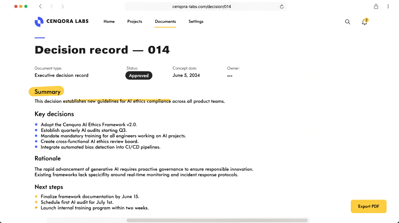 Concept decision record for Cenqora executive visibility — not client work